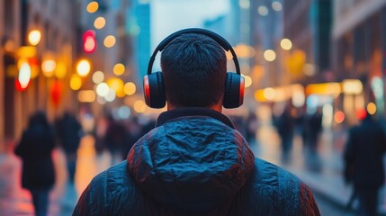 Man listening to music in city at night