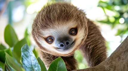 Close-up of a sloth hanging upside down