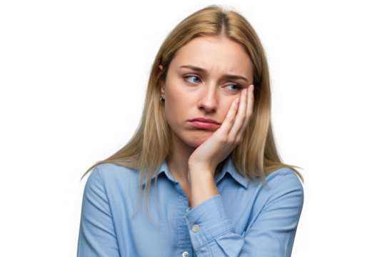 Blonde woman with hand on face looking sad and contemplative on transparent background