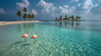 Two flamingos wade in shallow, crystal-clear water near a tropical beach paradise