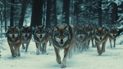 Wolves running through snowy forest