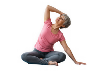 Woman with gray hair stretches in a seated yoga position pose on transparent background