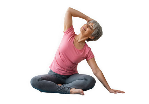 Woman with gray hair stretches in a seated yoga position pose on transparent background