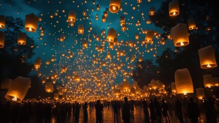 Lanterns illuminate night sky over crowd