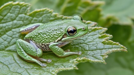 Tiny green frog on a vibrant leaf