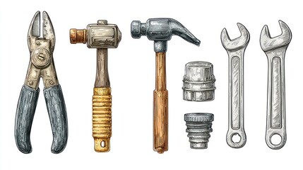 Fototapeta premium Vintage tools lined up, includes pliers, hammers, and wrenches, stylized and hand drawn
