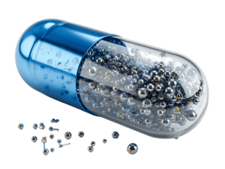 Intricate 3D Render of Blue and Clear Capsule Filled with Silver Spheres in Scientific Style on Transparent Background, PNG