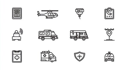 Fototapeta premium Black outline icons depict emergency services, vehicles, and communication tools on white