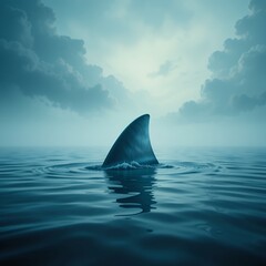 Fototapeta premium Mysterious single shark fin breaking calm ocean surface under cloudy sky at dusk