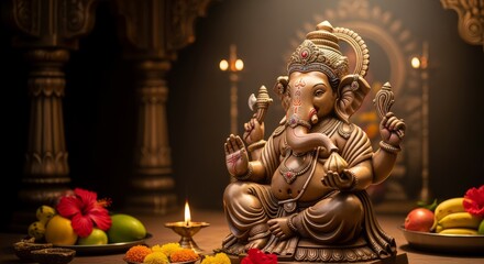 Fototapeta premium Bronze Hindu Deity Statue Offering Blessing with Fruits and Flowers