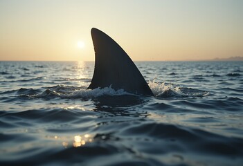 Naklejka premium Silhouette of a large dorsal fin breaking the ocean surface during a calm sunset at sea
