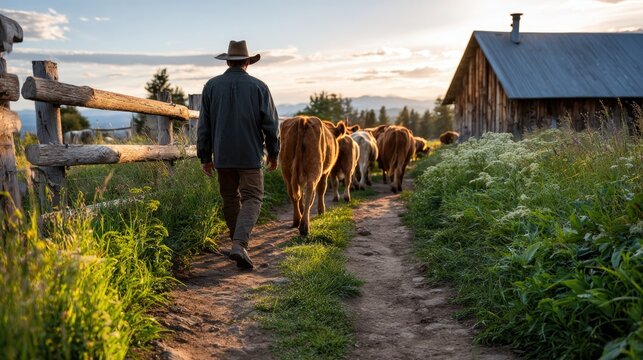 A farmer guiding cows from the barn to the open pasture using portable fences as barriers