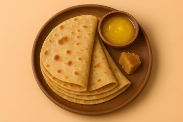 Fototapeta premium Indian Roti with Jaggery and Ghee – Traditional Rustic Breakfast Platter