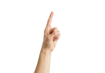 Hand pointing upwards with index finger on dark background on transparent background