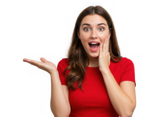 Woman in red shirt with surprised expression presenting item on transparent background