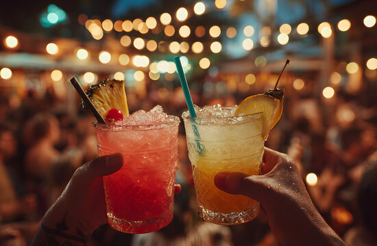 Friends celebrate with non-alcoholic drinks at night club. People hold colorful cocktails with straws. Blurred lights, crowd, people enjoying party, drinking refreshment beverages, fun time together.