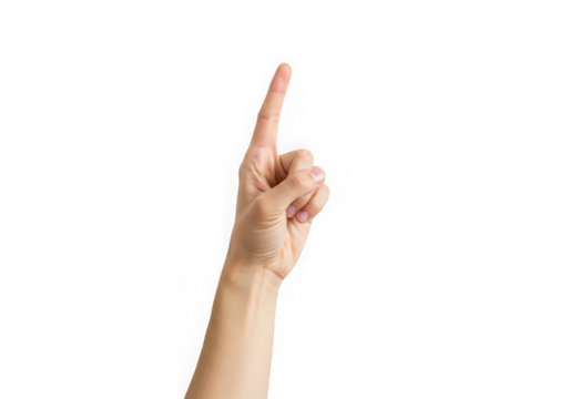 Hand pointing upwards with index finger on dark background on transparent background