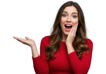 Woman in red shirt with surprised expression and open palm hand on transparent background