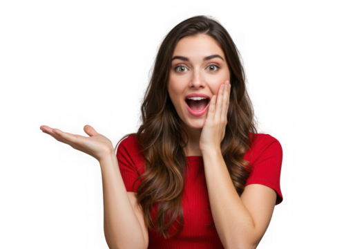 Woman in red shirt with surprised expression holding her face on transparent background - Powered by Adobe