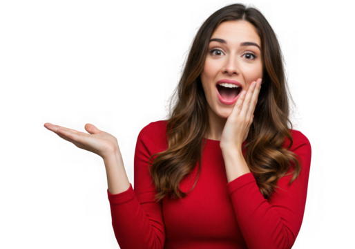 Woman in red shirt with surprised expression and open palm hand on transparent background