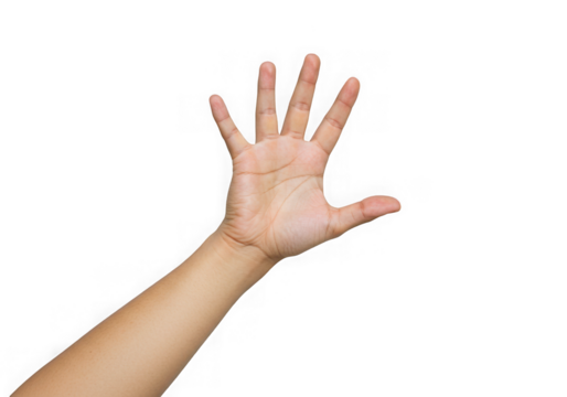 A raised human arm and hand with fingers spread on dark space on transparent background