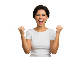 Woman in white shirt celebrates with fists clenched and shouting on transparent background
