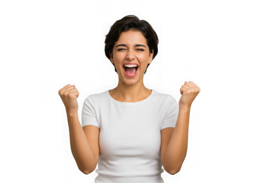 Woman in white shirt celebrates with fists clenched and shouting on transparent background