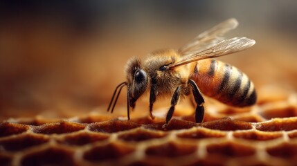 Naklejka premium A honeybee rests atop a golden honeycomb cell, close-up view with soft light