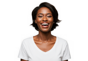 Portrait of a woman with a wide smile wearing a white shirt on transparent background