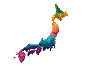 Isometric 3D Voxel Map of Japan with Administrative Regions Depicted Against Transparent Background Showcasing Country Topography and Colorful Geographic Divisions, PNG