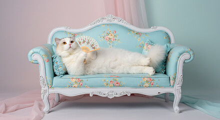 A pampered fluffy cat lounges like a diva on a tiny vintage sofa, holding a fan in a humorous, regal pose.
