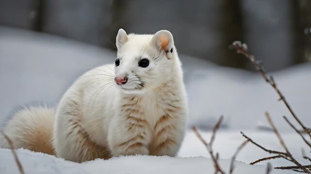 Adorable white ermine in snowy winter forest