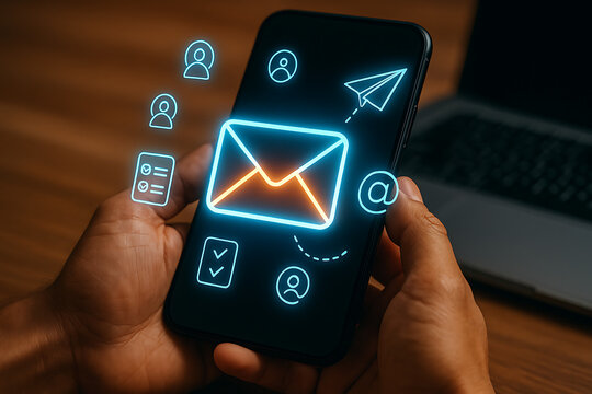 Mobile email marketing interface showing envelope icon with contact details checklist and user profile for business communication and digital outreach strategy engagement