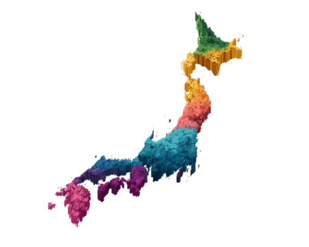 Isometric 3D Voxel Map of Japan with Administrative Regions Depicted Against Transparent Background Showcasing Country Topography and Colorful Geographic Divisions, PNG