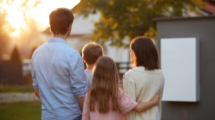 Happy family stands together outside their home at sunset near battery backup system ensuring power security and comfort for their household