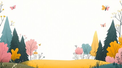 Cartoon Forest Landscape Illustration with Butterflies and Colorful Trees, Nature Border for Poster, Card, and Kids Background

