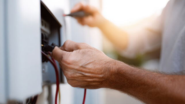 Person working on home electrical system with battery backup connection in warm sunlight for safety and power continuity