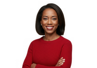 Portrait of a woman in a red sweater with arms crossed smiling on transparent background