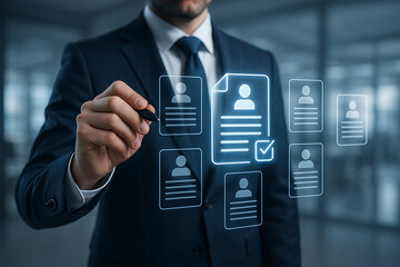 Businessman selecting candidate resume using digital hologram interface for recruitment review and hr document verification in virtual office environment with advanced technology