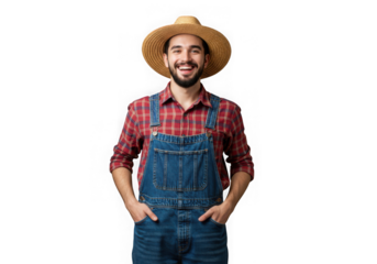 Man in overalls and straw hat smiling against a dark backdrop on transparent background