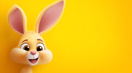 Cartoon Easter Bunny on Yellow Background with Copy Space