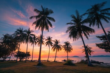 Obraz premium Silhouetted palm trees line a beach at sunset, the sky ablaze with vibrant pink, orange, and purple hues, reflecting on the tranquil ocean beyond