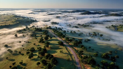 Aerial view of a winding road through a misty, rolling landscape at sunrise, with scattered trees and green pastures