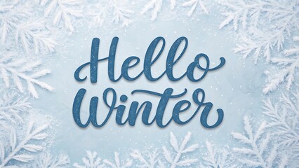 Hello winter blue text with white snowflakes background