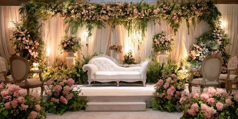 Fototapeta premium Elegant wedding ceremony setup with a white chaise lounge as the centerpiece, abundant blush pink and green floral arrangements, and draped ivory fabric backdrop