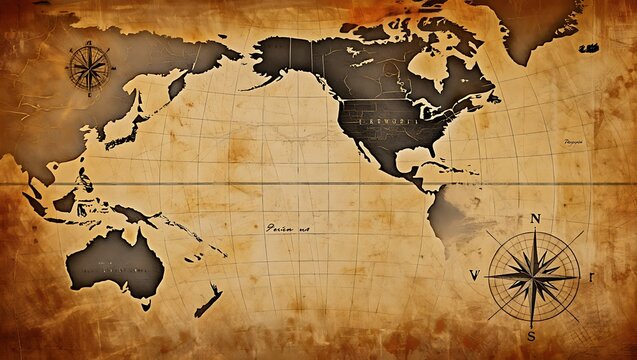 Vintage World Map Depicting the Pacific Ocean with a Distressed Aesthetic, A Detailed Pacific Ocean-Centric World Map on Antique Parchment