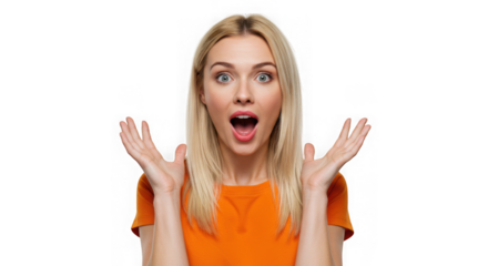 Surprised blonde woman with open mouth and hands raised up high on transparent background