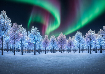 A stunning photorealistic winter wonderland with glowing ice crystal trees under the aurora borealis