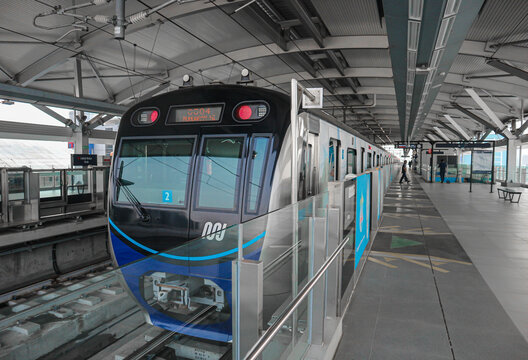 The Jakarta MRT train stop at the quiet central station in the morning

