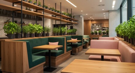 Modern cafe interior design with plants